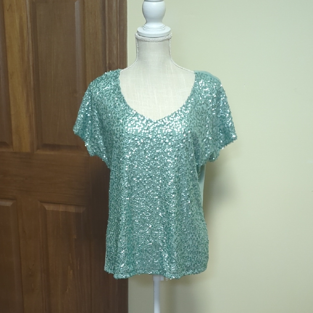 Sequin Short Sleeve Top - Green  AM